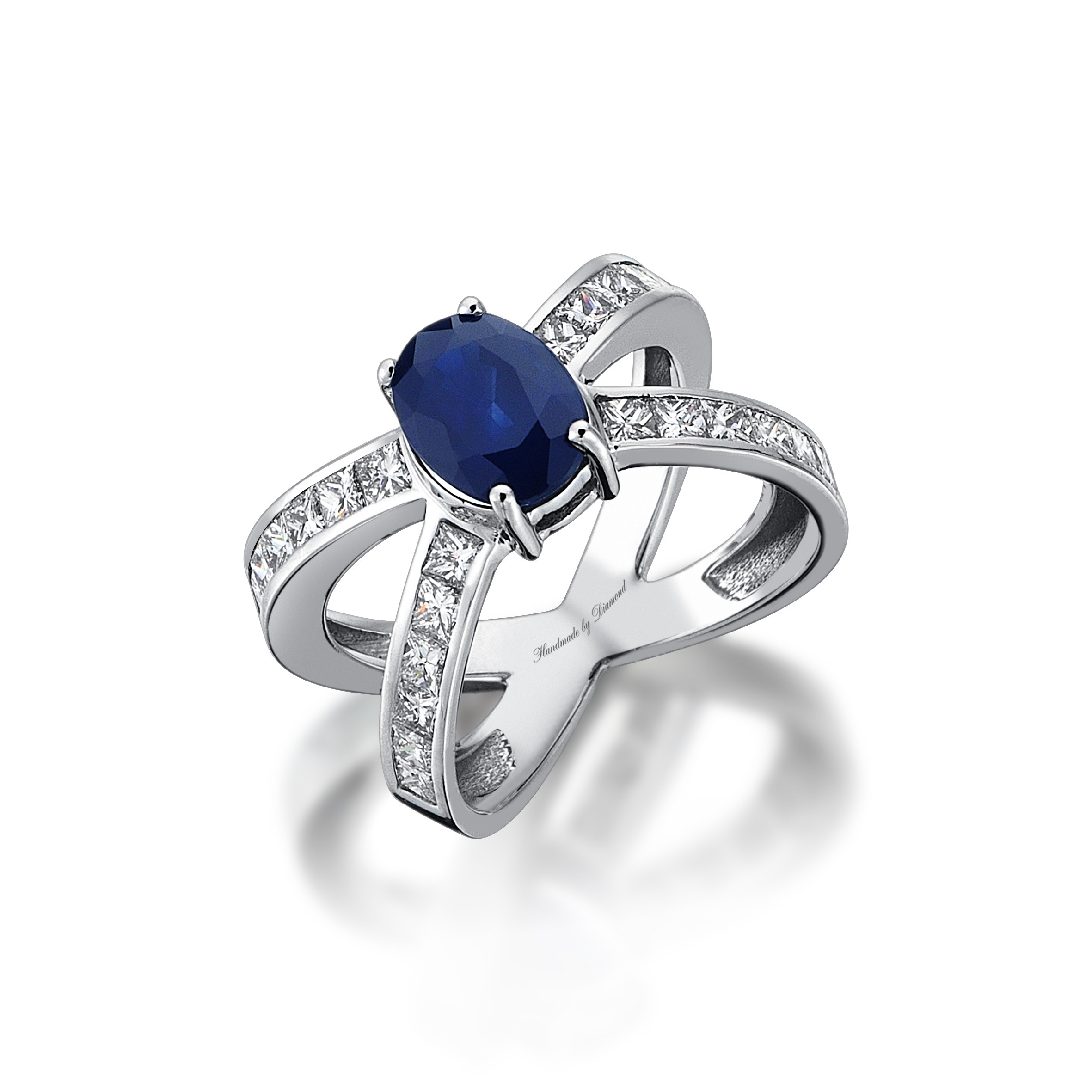 Oval safir ve prenses kesim pırlanta çapraz model yüzük